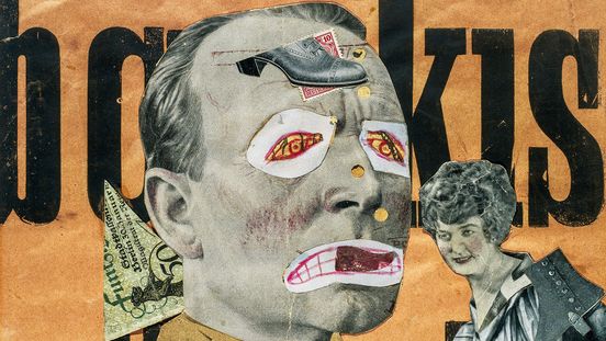 Collage by Raoul Hausmann with cut-out images and photographs as well as black lettering on an orange-coloured background.