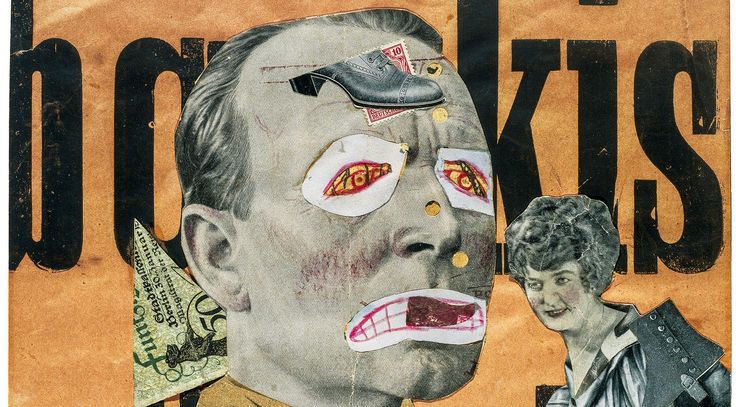 Raoul Hausmann, Der Kunstkritiker, 1919/20, Tate, Ankauf 1974 Collage von Raoul Hausmann mit ausgeschnittenen Bildern und Fotografien sowie schwarzer Schrift auf einem orange-farbenen Hintergrund.