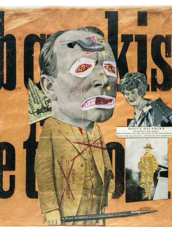 Collage von Raoul Hausmann mit ausgeschnittenen Bildern und Fotografien sowie schwarzer Schrift auf einem orange-farbenen Hintergrund.