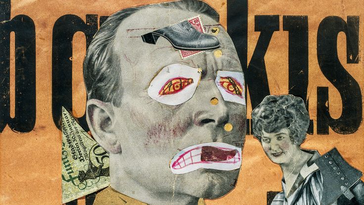 Collage von Raoul Hausmann mit ausgeschnittenen Bildern und Fotografien sowie schwarzer Schrift auf einem orange-farbenen Hintergrund.