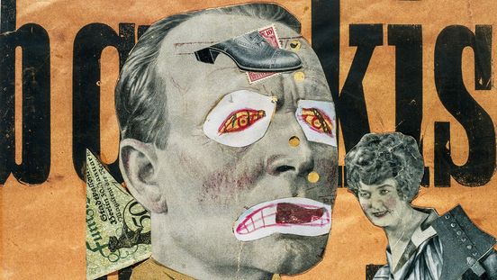 Collage von Raoul Hausmann mit ausgeschnittenen Bildern und Fotografien sowie schwarzer Schrift auf einem orange-farbenen Hintergrund.