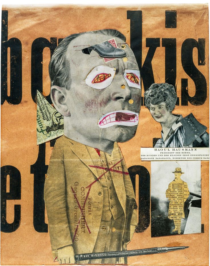 Collage von Raoul Hausmann mit ausgeschnittenen Bildern und Fotografien sowie schwarzer Schrift auf einem orange-farbenen Hintergrund.