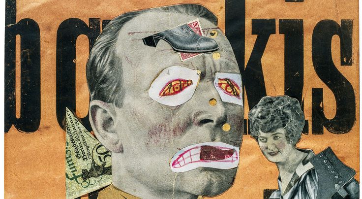 Raoul Hausmann, Der Kunstkritiker, 1919/20, Tate, Ankauf 1974 Collage von Raoul Hausmann mit ausgeschnittenen Bildern und Fotografien sowie schwarzer Schrift auf einem orange-farbenen Hintergrund.