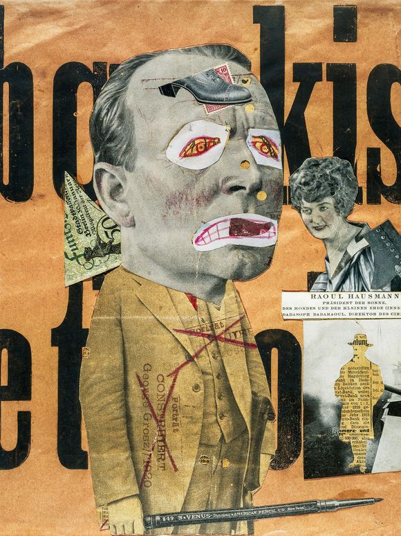 Collage by Raoul Hausmann with cut-out images and photographs as well as black lettering on an orange-coloured background.