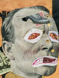 Collage by Raoul Hausmann with cut-out images and photographs as well as black lettering on an orange-coloured background.