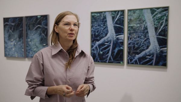 Videostill: Eine Person mit Bluse steht vor vier eingerahmten Fotografien, die an einer Wand hängen.