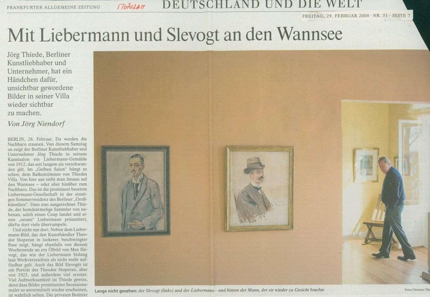 Frankfurter Allgemeine Zeitung, 29.2.2008, "Mit Liebermann und Slevogt an den Wannsee", Author: Jörg Niendorf, Photo: Christian Thiel. © All rights reserved. Frankfurter Allgemeine Zeitung GmbH, Frankfurt. Provided by Frankfurter Allgemeine Archiv, Repro: Berlinische Galerie