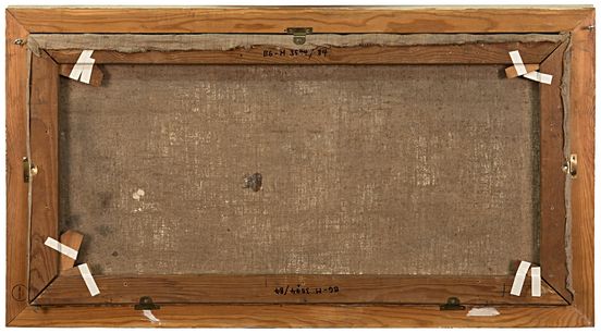 Rückseite einer Leinwand, in Holzrahmen gespannt, 46 x 89 cm