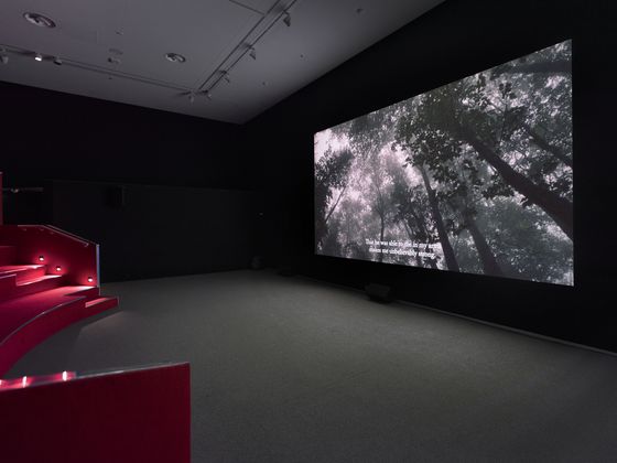 View of the video room with projection of the work onto a screen