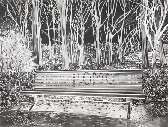 Black-and-white inverted drawing by the artist on paper. The motif is a park bench on which the word “Homo” has been spray-painted.