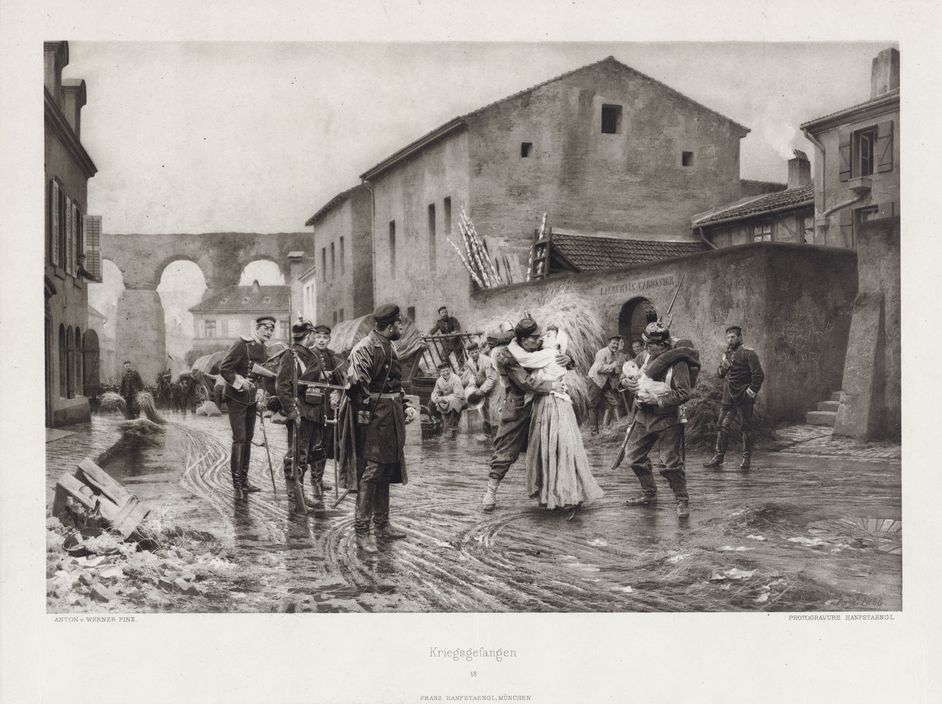Heliogravüre der Darstellung des Gemäldes "Kriegsgefangen" von Anton von Werner Fotodruck des Gemäldes von Anton von Werner, schwarz-weiß