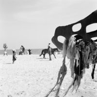 Square black and white photograph: View of a beach. In the foreground is a kind of piece of wood with oval holes to which fabric has been knotted. The background shows various people walking in different directions. One person is sitting on a horse.
