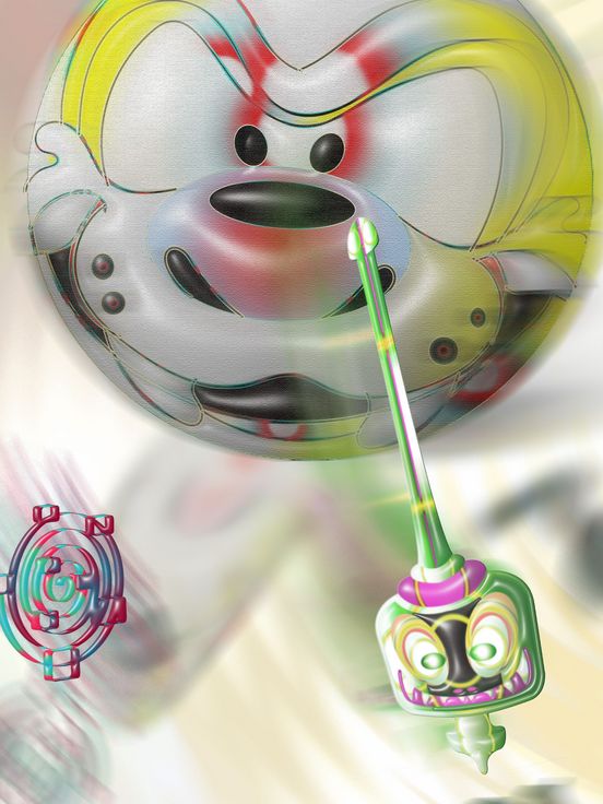Graphic consisting of colourful futuristic shapes, some with faces, against a slightly blurred, multicoloured background.