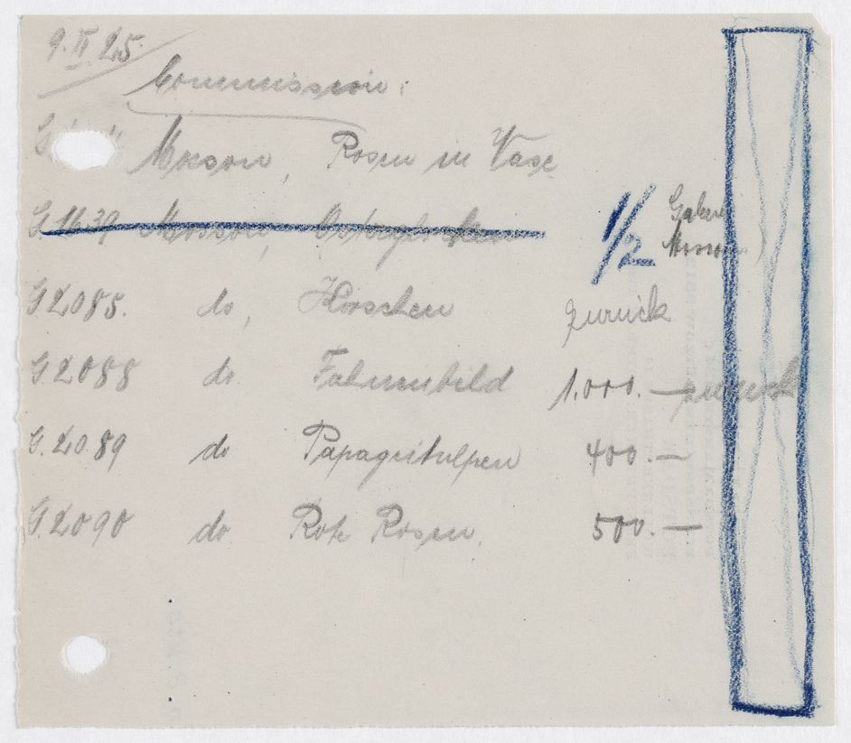 Geschäftliche Korrespondenz zwischen der Galerie Ferdinand Möller und George Mosson, 9.2.1925 Notizen auf Papier mit Werkangaben, handbeschrieben