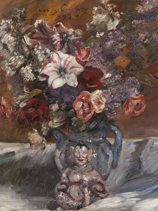 A painting of a lush bouquet of flowers in shades of red, purple, white and pastel orange in an ornate vase.