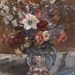 A painting of a lush bouquet of flowers in shades of red, purple, white and pastel orange in an ornate vase.