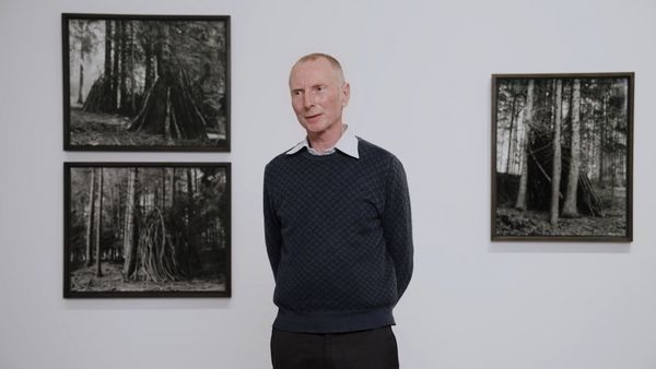 Video still: A person wearing a dark blue jumper and white collar stands in front of three framed photographs showing a view of a forest.