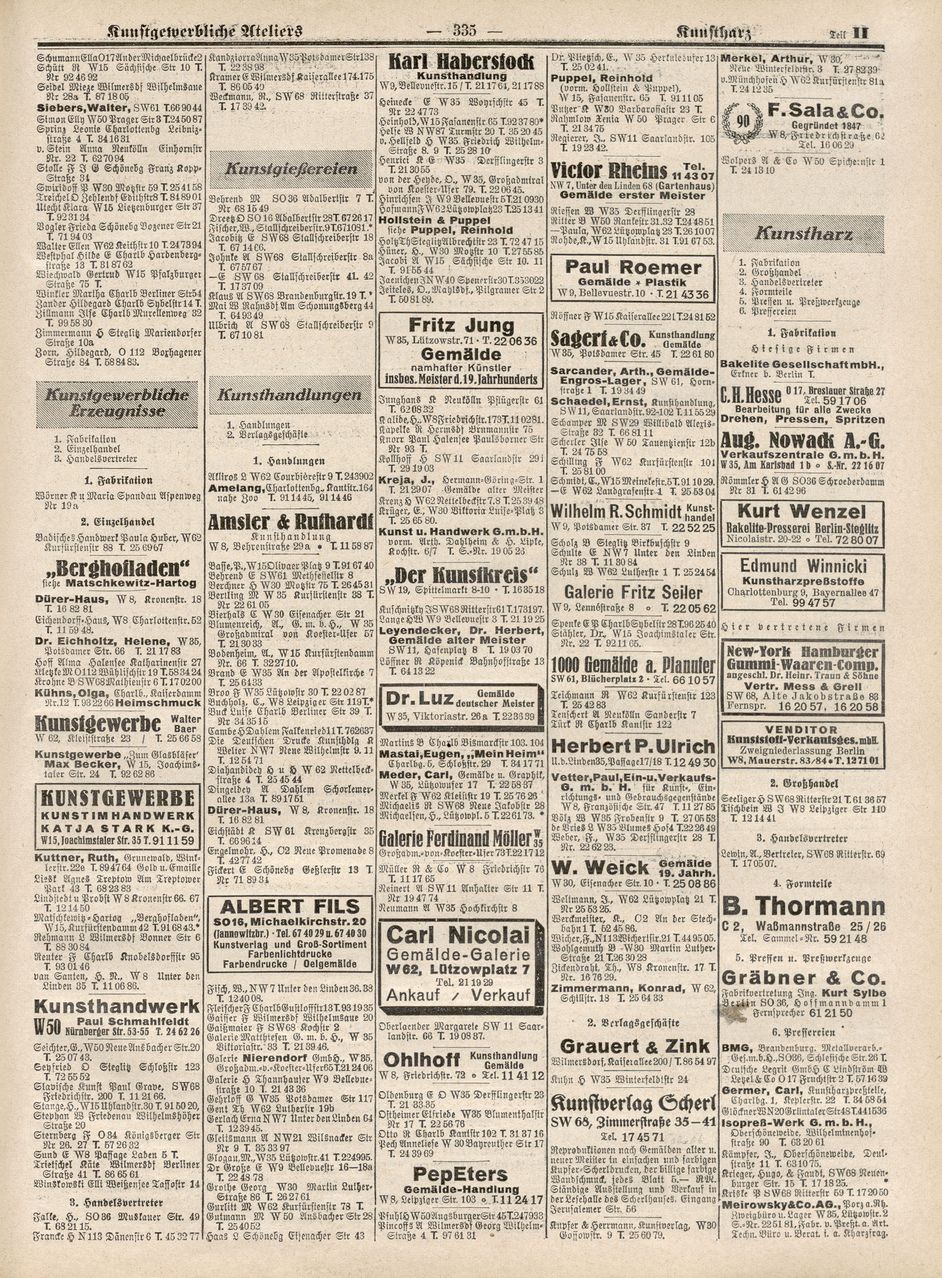 Kunsthandlungen im Berliner Adressbuch von 1938 Seite eines Adressbuchs mit Kontaktdaten