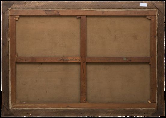 Rückseite einer Leinwand, eingespannt in Holzrahamen, 142,7 x 211,5 cm