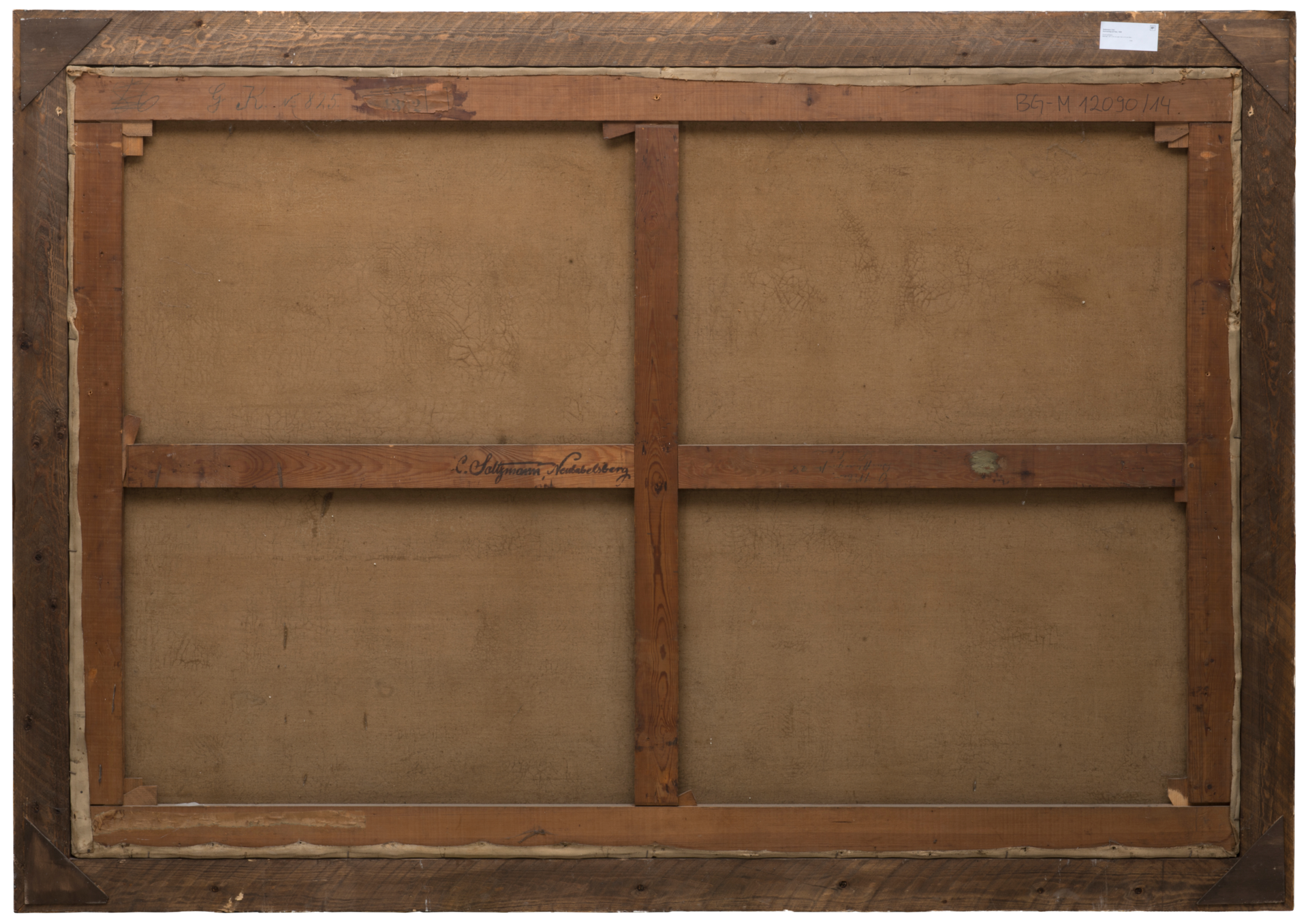Rückseite einer Leinwand, eingespannt in Holzrahamen, 142,7 x 211,5 cm