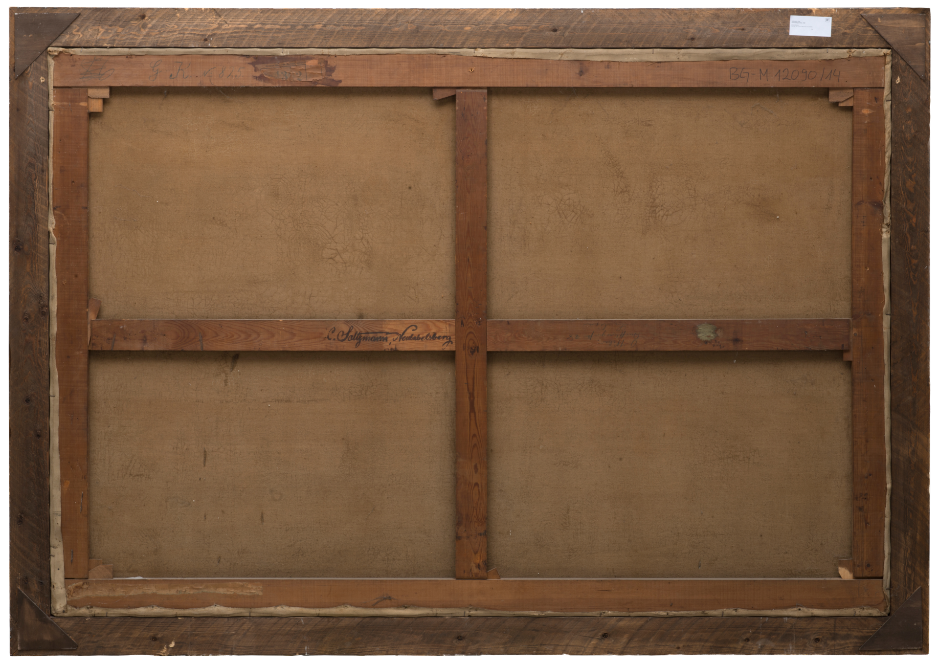 Rückseite einer Leinwand, eingespannt in Holzrahamen, 142,7 x 211,5 cm