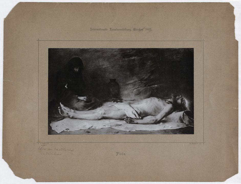 Das Gemälde Pieta von Ludwig von Löfftz (Reproduktion) aus dem Nachlass von Max Fleischer Katalogseite mit Abbildung, Text und handschriftlichen Notizen, Druck, Papier