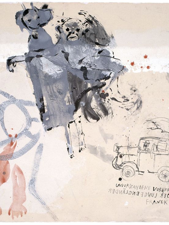 Aquarell, Gouache, Tusche und Kreide auf Papier: Sabine Franek-Koch, Unverstandene Vorkommnisse IX oder der junge Engländer, 2002