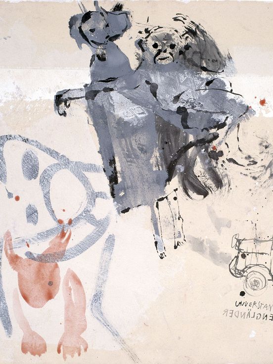 Aquarell, Gouache, Tusche und Kreide auf Papier: Sabine Franek-Koch, Unverstandene Vorkommnisse IX oder der junge Engländer, 2002