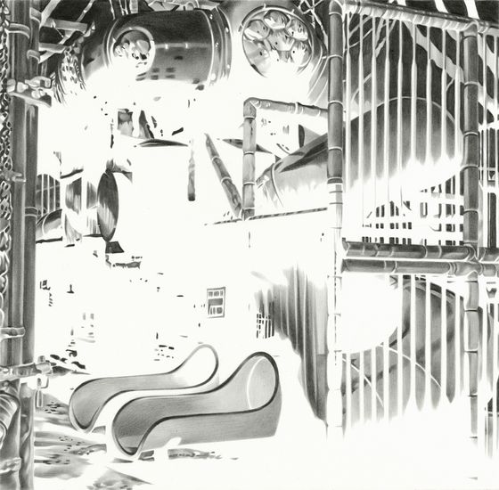 Schwarz-weiß invenrtierte Zeichnung des Künstlers auf Papier. Motiv ist ein Spielplatz