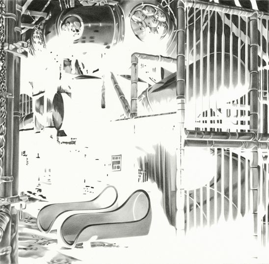Schwarz-weiß invenrtierte Zeichnung des Künstlers auf Papier. Motiv ist ein Spielplatz