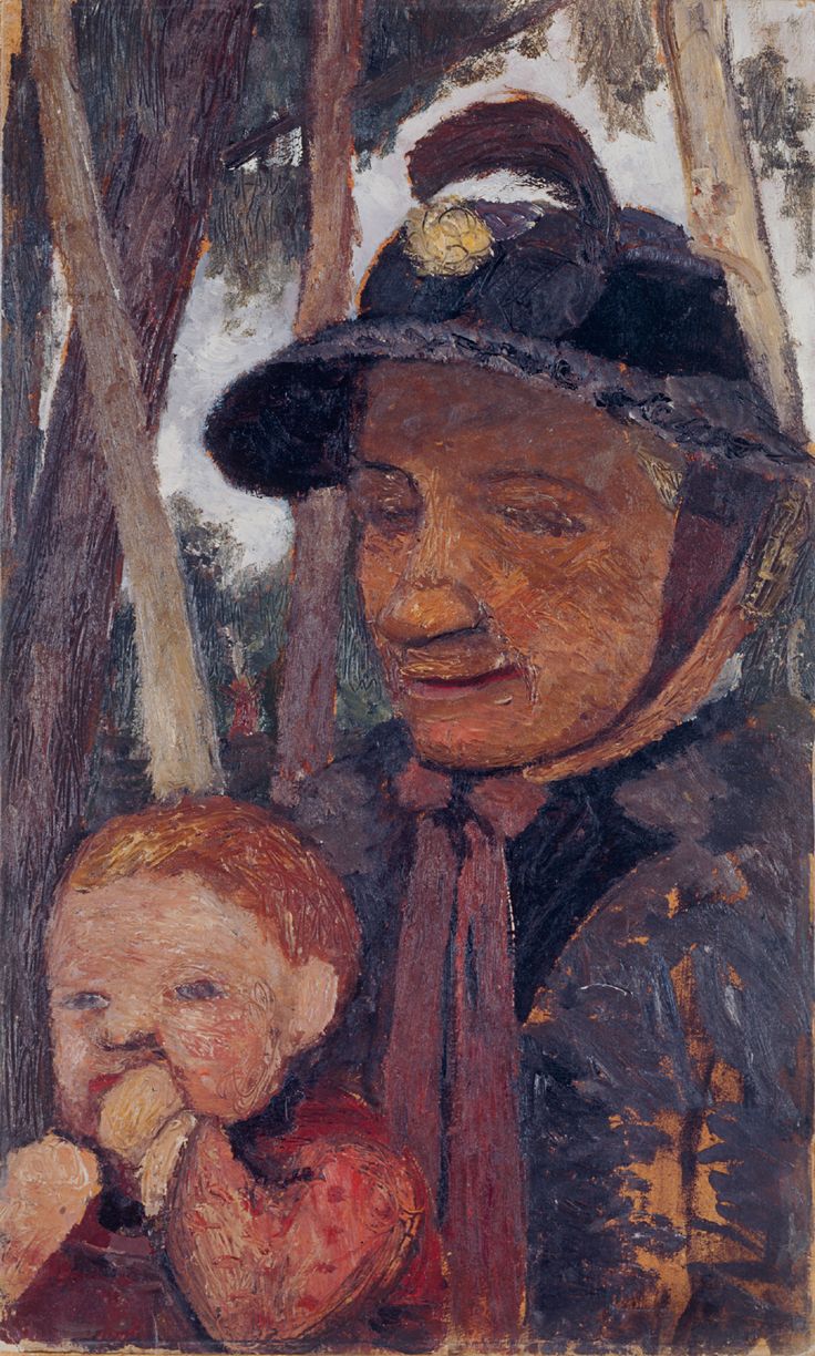 Paula Modersohn-Becker, Alte Frau mit Hut, um 1905, Mischtechnik auf Pappe auf Hartfaserplatte, 64,5 x 40 cm, Leihgabe aus Privatbesitz im Albertinum | SKD Gemälde einer erwachsenen Person mit Hut und rotem Schal, die ein kleines Kind im Arm hält. Beide Figuren sind in warmen Brauntönen gemalt, im Hintergrund sind Bäume und ein Wald angedeutet.