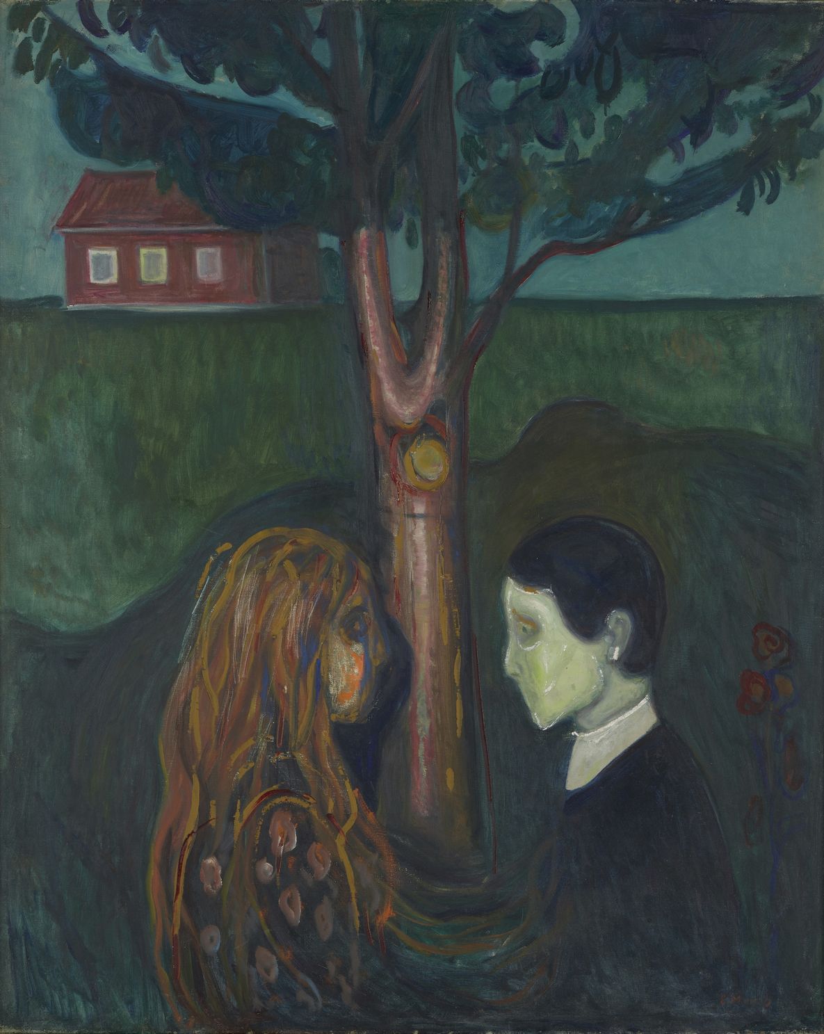 Gemälde: Seitenansicht von zwei Personen, die sich gegenüberstehen und einander in die Augen sehen. Im Hintergrund ist ein hoher Baum zu sehen, der ein dahinter stehendes rotes Haus teilweise verdeckt.