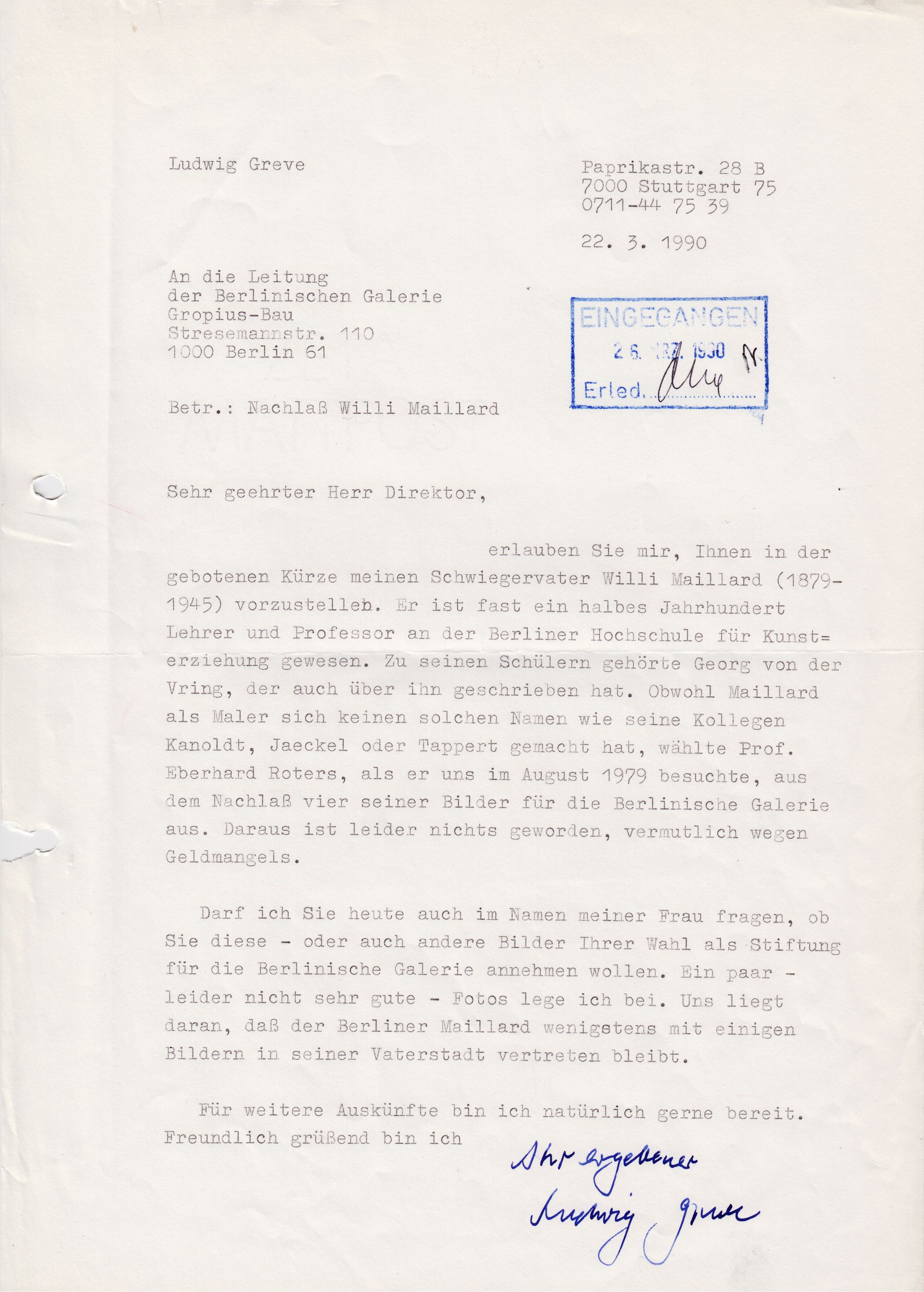 Brief von Ludwig Greve an Jörn Merkert, 22. März 1990 Brief, Schreibmaschine auf Papier