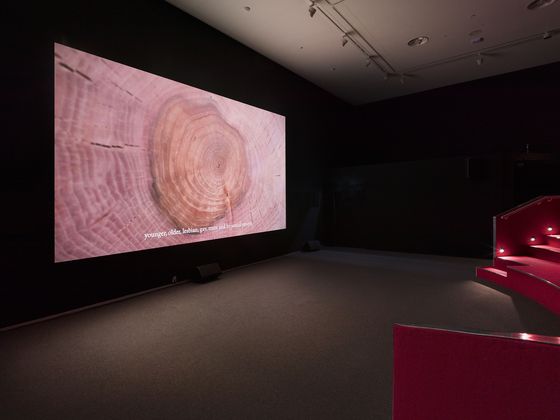 View of the video room with projection of the work onto a screen