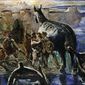 Painting: Warriors and a larger-than-life horse figure in an ancient landscape.
