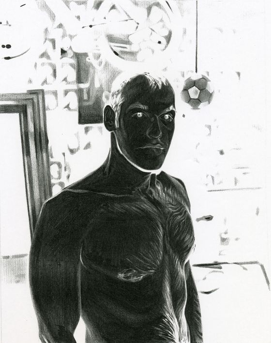 Black-and-white inverted drawing by the artist on paper. The motif is a male-connoted person with a naked upper body.