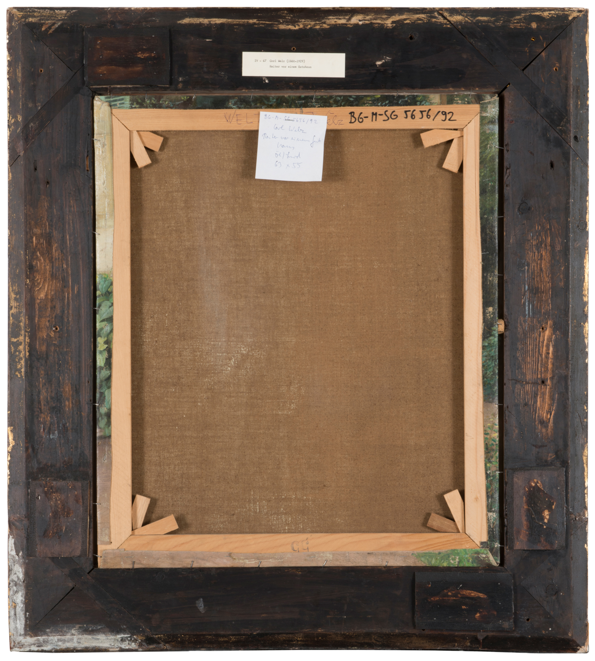 Rückseite einer Leinwand, in Holzrahmen gespannt, 63 x 55 cm