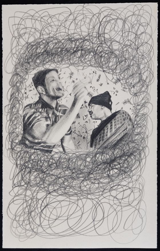 Black-and-white inverted drawing by the artist on paper. The motif is a dynamic, surrealistic cityscape montage featuring two male figures.