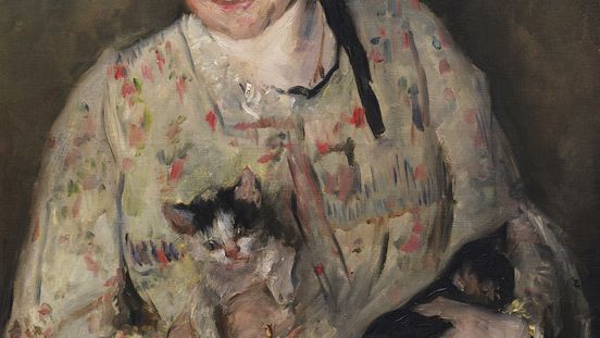 Painting of a dark-haired person read as female wearing a flower-adorned hat and holding two cats in her arms.