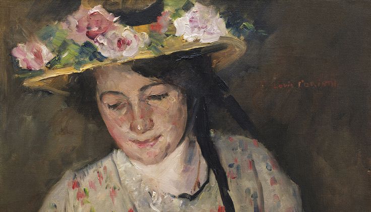 Gemälde einer weiblich gelesenen Person mit dunklem Haar und blumengeschmücktem Hut, die zwei Katzen in den Armen hält.