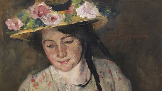 Painting of a dark-haired person read as female wearing a flower-adorned hat and holding two cats in her arms.