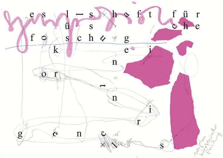 Grafik mit fragmentierten Linien, Schraffuren und pinkfarbenen Flächen. Darüber ist der Titel der Veranstaltung und ›Gesellschaft für künstlerische Forschung‹ in einzelnen Buchstaben oder Worten über der Fläche verteilt.
