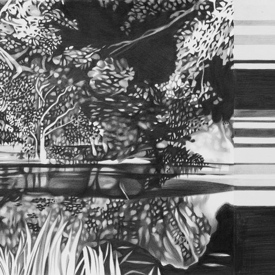 Black-and-white inverted drawing by the artist on paper. The motif is Berlin's Tiergarten park.
