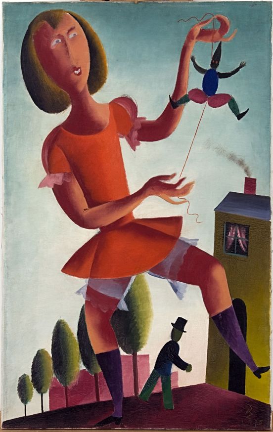 Painting: A female figure with an orange dress and boots holds a blue jumping jack in her left hand. She stands, in comparison to her surroundings, oversized, between a house, trees and another person.