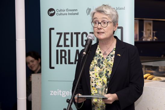 Photo: A person with short grey hair stands in front of a banner that says “Zeitgeist Ireland” and speaks into a microphone.