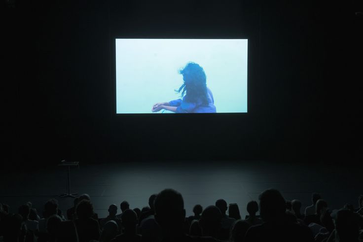 Photo: A rear view of people sitting in front of a large screen on which a video artwork is being shown.