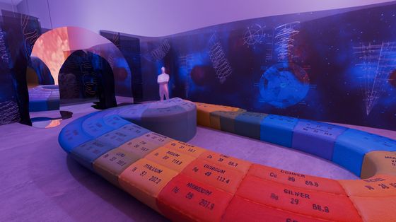 Digital rendering eines Raumes in blau, violett und rot