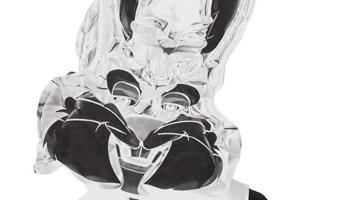 A drawing in shades of black, white and grey depicting a human torso with a rabbit’s head.