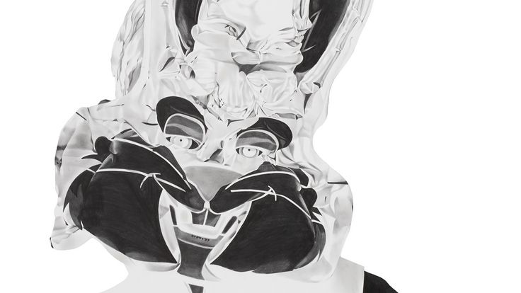 Zeichnung in schwarz-weiß-grau-Tönen, die einen menschlichen Oberkörper mit Hasenkopf zeigt.