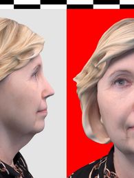 Filmstill: Frontal- und Seitenansicht einer, Hillary Clinton ähnlich sehenden, digitalen Figur.